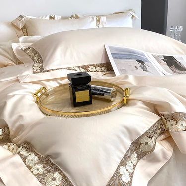 Champagne Grey Flower Long Striped 1000TC Egyptian Cotton Duvet Cover Bedding Set